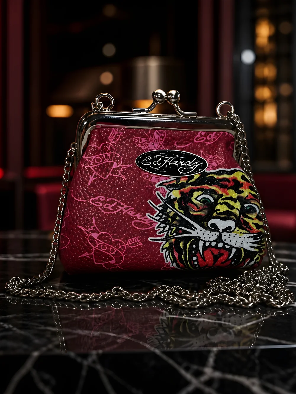 Ed Hardy Hot Pink Tiger Kiss-Lock Wristlet with Silver Chain